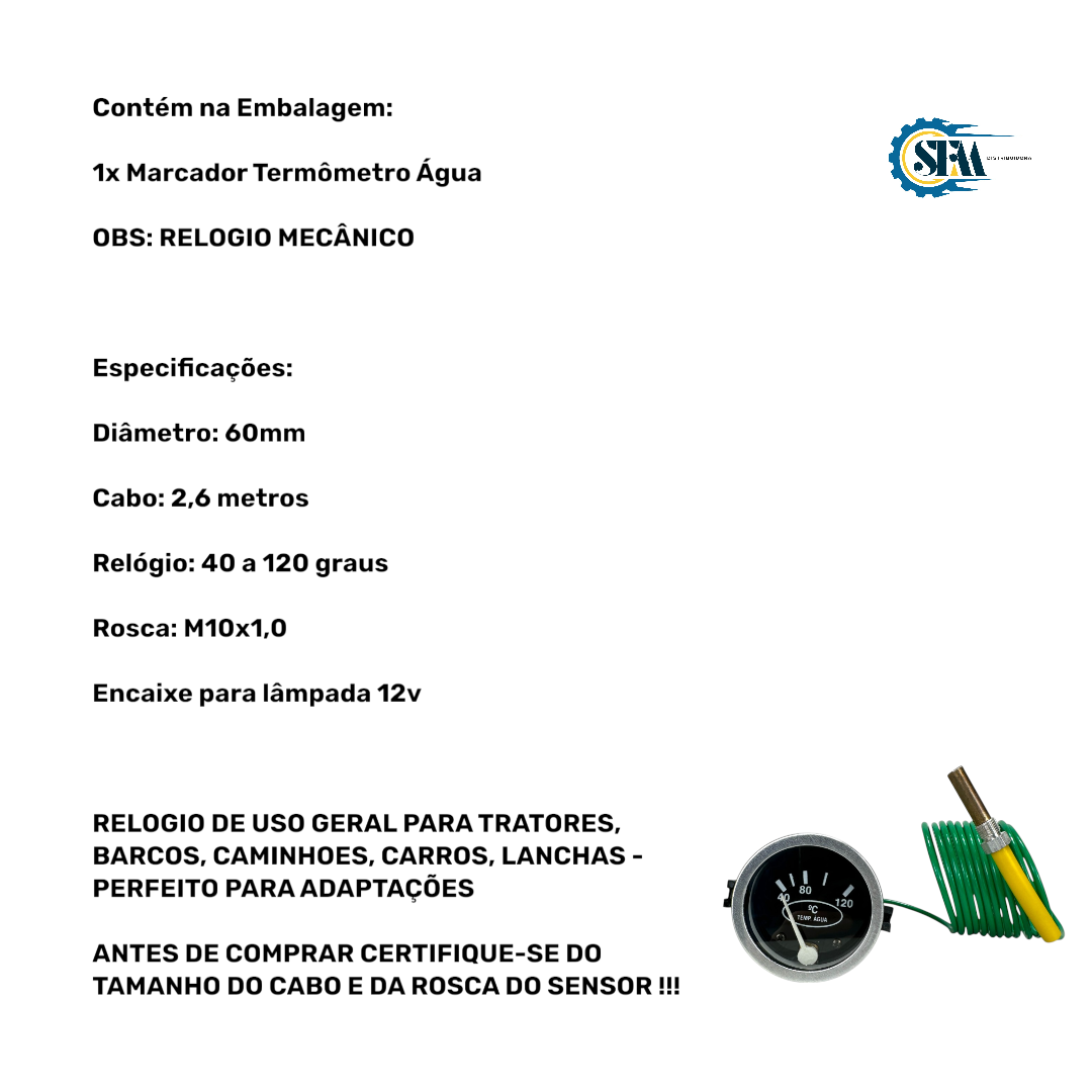 Marcador de temperatura da água 40 a 120º 60mm com cabo de 2,6m e rosca m10x1,0