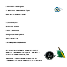 Carregar imagem no visualizador da galeria, Marcador de temperatura da água 40 a 120º 60mm com cabo de 2,6m e rosca m10x1,0
