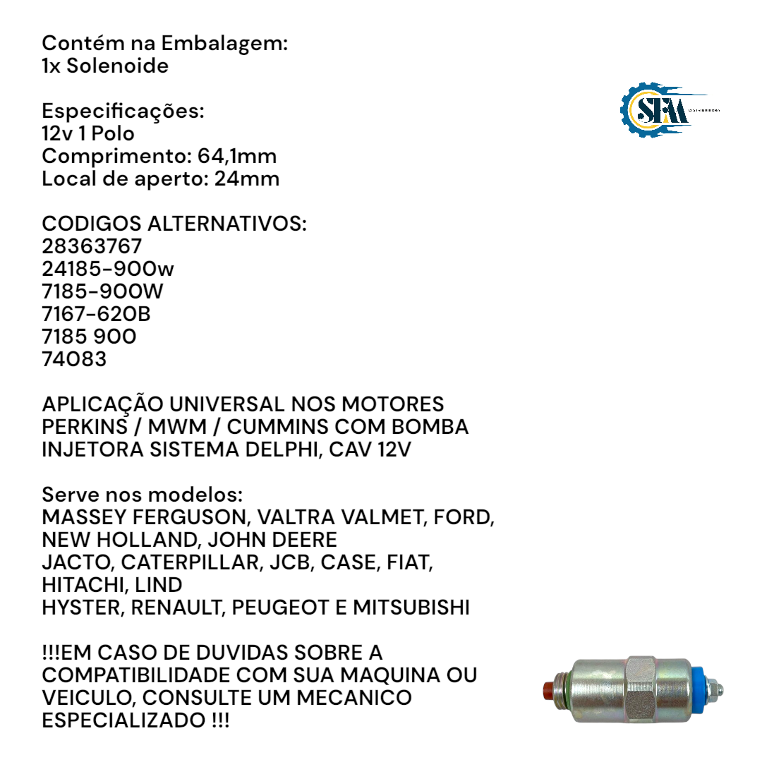 Solenoide de partida e bomba injetora delphi e cav 12v - 74083