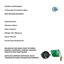 Carregar imagem no visualizador da galeria, Marcador de temperatura da água 40 a 100º 60mm com cabo de 3m e rosca m14x1,5
