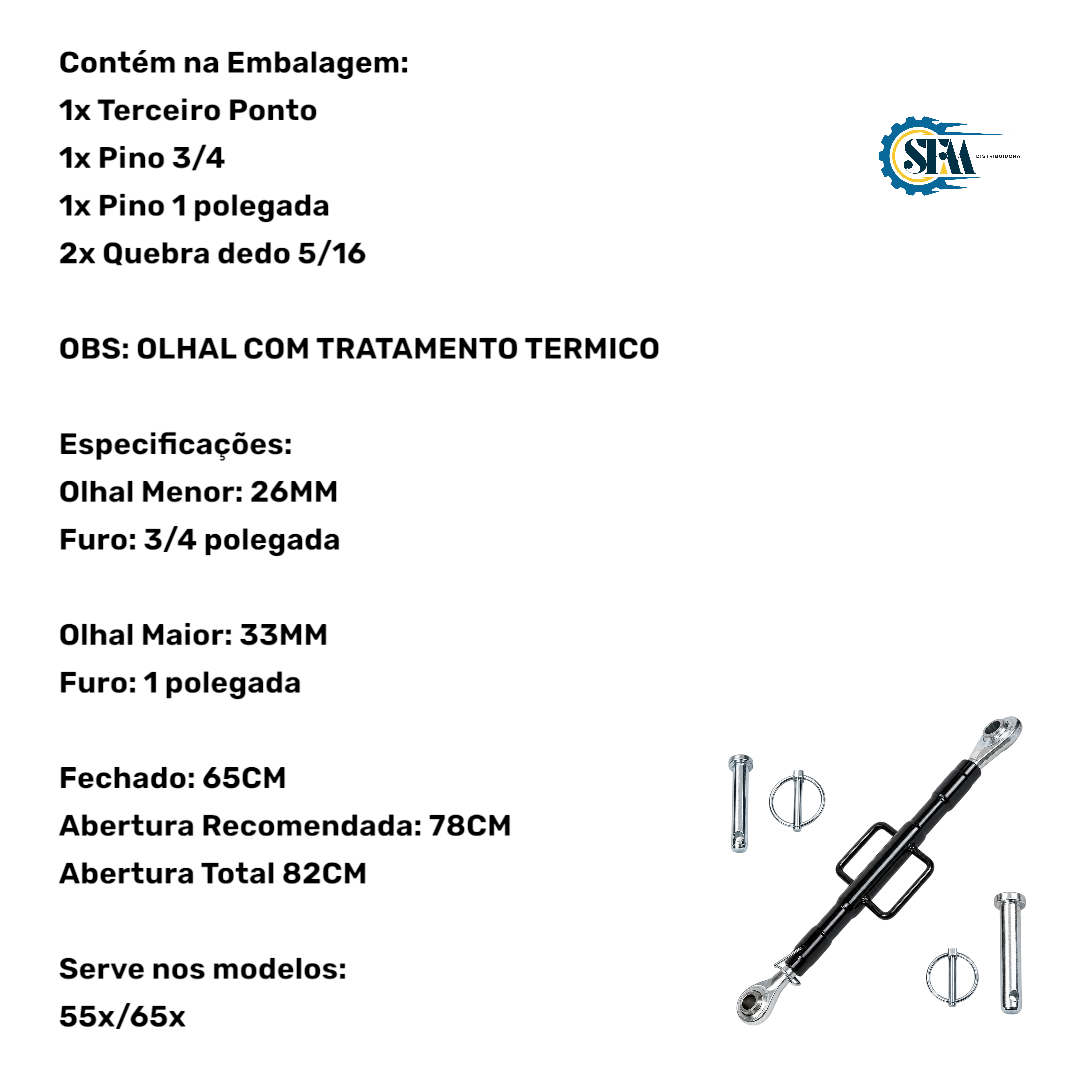 Kit Terceiro ponto 65cm fechado e 78cm aberto com olhal de 33mm e 26mm com pinos e quebra dedo- 488040