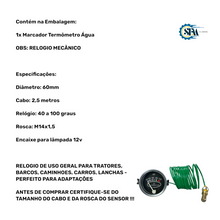 Carregar imagem no visualizador da galeria, Marcador de temperatura da água 40 a 100º 60mm com cabo de 2,5m e rosca m14x1,5
