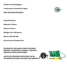 Carregar imagem no visualizador da galeria, Marcador de temperatura da água 40 a 120º 52mm com cabo de 5m e rosca 5/8x18 unf
